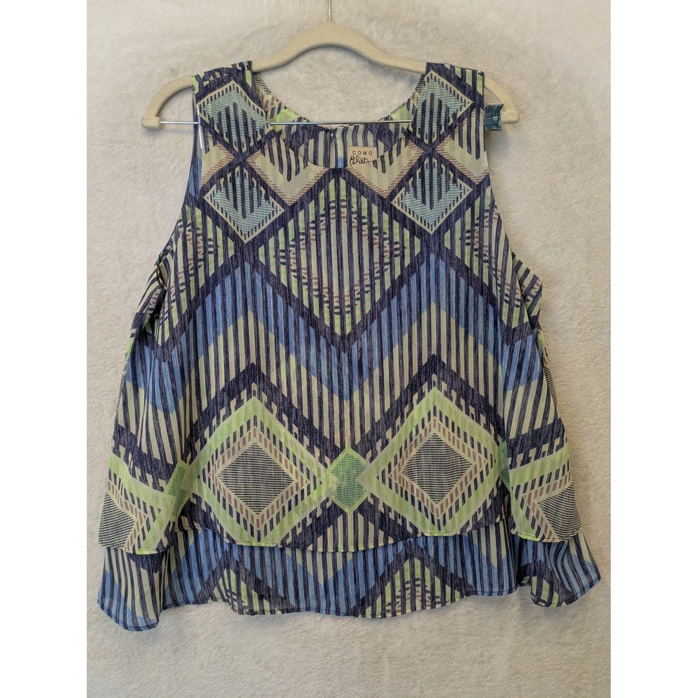 Como Vintage Blouse Women's Large Blue Green Geometric Tiered Sleeveless Top